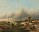 Jan Jacob Coenraad Spohler, Dutch winter landscape with ice skaters, oil on canvas; framed