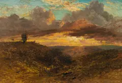 George Cole, A Heath Scene with a windmill and flock of sheep, oil on canvas; framed