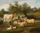 Walter Hunt, Flock of sheep with calf and ducks by a stream, 1902, oil on canvas; framed