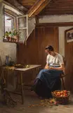 Carl Zewy, Young woman peeling apples, oil on canvas; framed
