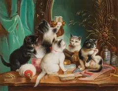 Vain kittens by Carl Reichert, oil on panel; framed, sold Jun 2023
