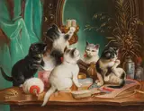 Carl Reichert, Vain kittens, oil on panel; framed