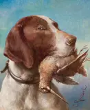 Carl Reichert, Portrait of a hunting dog with snipe, oil on panel; framed