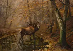 Roaring stag in the forest by Karl Ritter von Dombrowski, 1907, oil on canvas; framed, sold Jun 2023