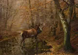 Karl Ritter von Dombrowski, Roaring stag in the forest, 1907, oil on canvas; framed