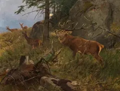 Deer at the edge of the forest by Christoffer Drahtmann, oil on canvas; framed, sold Jun 2023