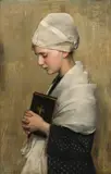 Portrait of a girl with a prayer book by Frieda Menshausen-Labriola, 1887, oil on canvas; framed, sold Jun 2023
