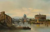 Karl Kaufmann, View of Castel Sant'Angelo and St. Peter's Basilica in Rome, oil on canvas; framed