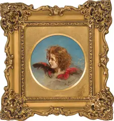 Anton Romako, Winged angel head, oil on canvas on cardboard; framed