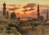 Carl Wuttke, View over the rooftops of Cairo to the Pyramids of Giza, oil on panel; framed