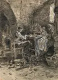 Peasant shoe maker (Riva) by August Xaver Karl Ritter v. Pettenkofen, 1886, chalk, pen wash, heightened white on paper; framed, sold Jun 2023