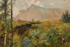 Marie Egner, Leopoldskroner Moss with Untersberg, c. 1917, oil on cardboard; framed