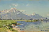 Peder Mørk Mønsted, Beach outing near Villeneuve on Lake Geneva, 1894, oil on cardboard; framed