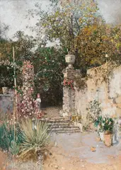 Robert Russ, Park entrance Mals in Tyrol, c. 1906, mixed media on cardboard; framed