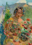 Franz Wiegele, Girl with carnations in landscape, 1935, oil on canvas; framed