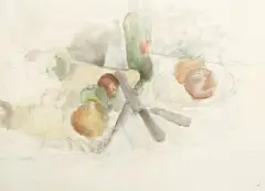Gerhardt Frankl, Bottle, onion, two knives and apple, 1926, watercolour and pencil on paper; framed