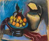 Josef Dobrowsky, Still life with fruit bowl and jugs, pastel on paper; framed