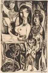 Albert Birkle, Morning toilet, c. 1960, black chalk on paper; framed