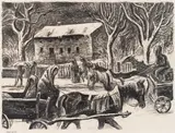 Albert Birkle, Winter road in Upper Silesia, black chalk on paper; framed