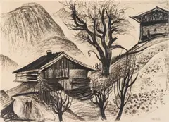 Albert Birkle, Landscape from Tyrol, c. 1950, black chalk on paper; framed
