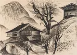 Albert Birkle, Landscape from Tyrol, c. 1950, black chalk on paper; framed