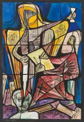 St. John on Patmos (design for a leaded glass window) by Albert Birkle, c. 1980, mixed media on paper; framed, sold Jun 2023