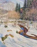 Winter landscape by Nikolaj Petrovich Bogdanov-Belsky, oil on canvas; framed, sold Jun 2023