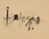 Wilhelm Thöny, On the bridge, c. 1928, ink washed on paper; framed