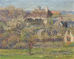Max Kahrer, Ausblick auf blühende Hausgärten (Klosterneuburg), 1918, oil on canvas; framed