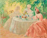 Fin de déjeuner by Louis Icart, oil on hardboard; framed, sold Jun 2023