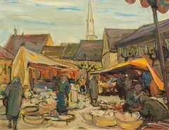 Emil Rizek, Market scene in Korneuburg, oil on hardboard; framed