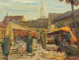 Emil Rizek, Market scene in Korneuburg, oil on hardboard; framed