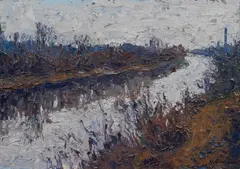 Hans Andreas, River landscape, oil on hardboard; framed