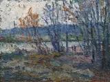 Hans Andreas, At the riverbank, 1978, oil on hardboard; framed