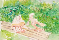 Gartenbank by Maria Lassnig, 1981, watercolour on paper; framed, sold Jun 2023