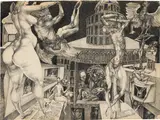 Ernst Fuchs, Tormenting, 1948, ink drawing on laid paper; framed