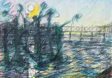 Max Peintner, Flusslandschaft mit Nochbildern der Sonne und ihres Reflexes auf dem Wasser, 1978, mixed media on paper; framed