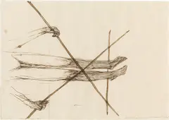 Walter Pichler, Wenn man Beine aus Marmor hat, braucht man Hilfsmittel, 1972, mixed media on paper; framed
