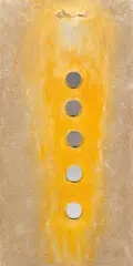 Bernd Fasching, Das Einfangen der Menschenfressenden Stuten" (from the series "12 Tage 12 Nächte in Wien"), 2006, mixed media (magnifying mirror, olive branches, sand) on canvas; unframed