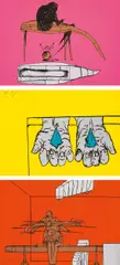 Bruno Gironcoli, Folder: Arbeit tut weh - Einrichtung - Kauerndes, 2003, 3 colour serigraphs in original folder; edition 18/45
