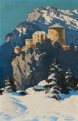 Oskar Mulley, Fortress Kufstein in winter, 1925-27, oil on cardboard; framed