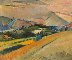 Anton Mahringer, Landschaft bei St. Georgen im Gailtal, 1950, oil on wood fibreboard; framed