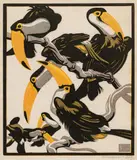 Norbertine Bresslern-Roth, Guianan toucanets, colour linocut on paper; framed