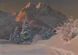 Alois Arnegger, Winter mountain landscape in evening light, oil on canvas; framed