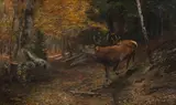 Karl Ritter von Dombrowski, Roaring deer in the autumn forest, oil on canvas; framed