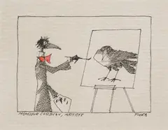 Monsieur Corbeau, Artiste by Paul Flora, India ink, coloured pencil on paper; framed, sold Apr 2023