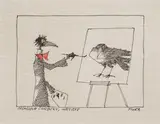 Paul Flora, Monsieur Corbeau, Artiste, India ink, coloured pencil on paper; framed