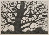 Paul Flora, Monsieur Corbeau im Geäst mit fünf Raben