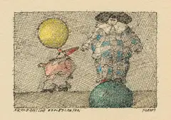 Paul Flora, Akrobatische Komödianten, India ink, coloured pencil on paper; framed