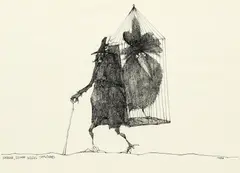 Paul Flora, Tiroler, seinen Vogel tragend, India ink on paper; framed